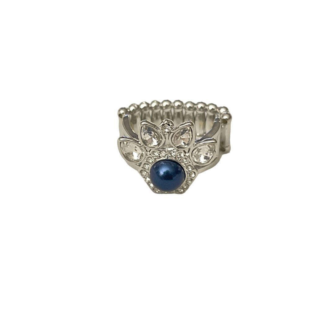 Elegant Silver Tone Stretch Ring with Blue Pearl and Crystal Flower Design R-12